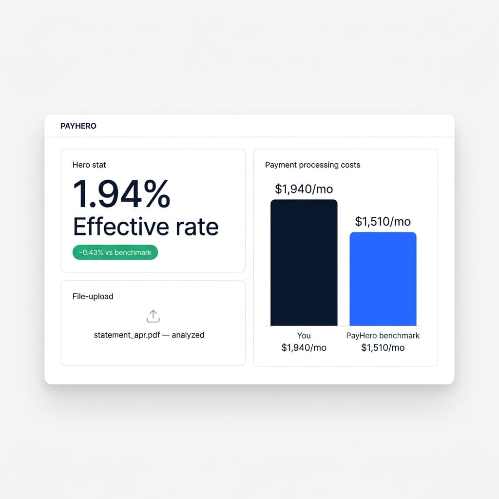 PayHero analyzer dashboard showing effective rate, fees, and savings